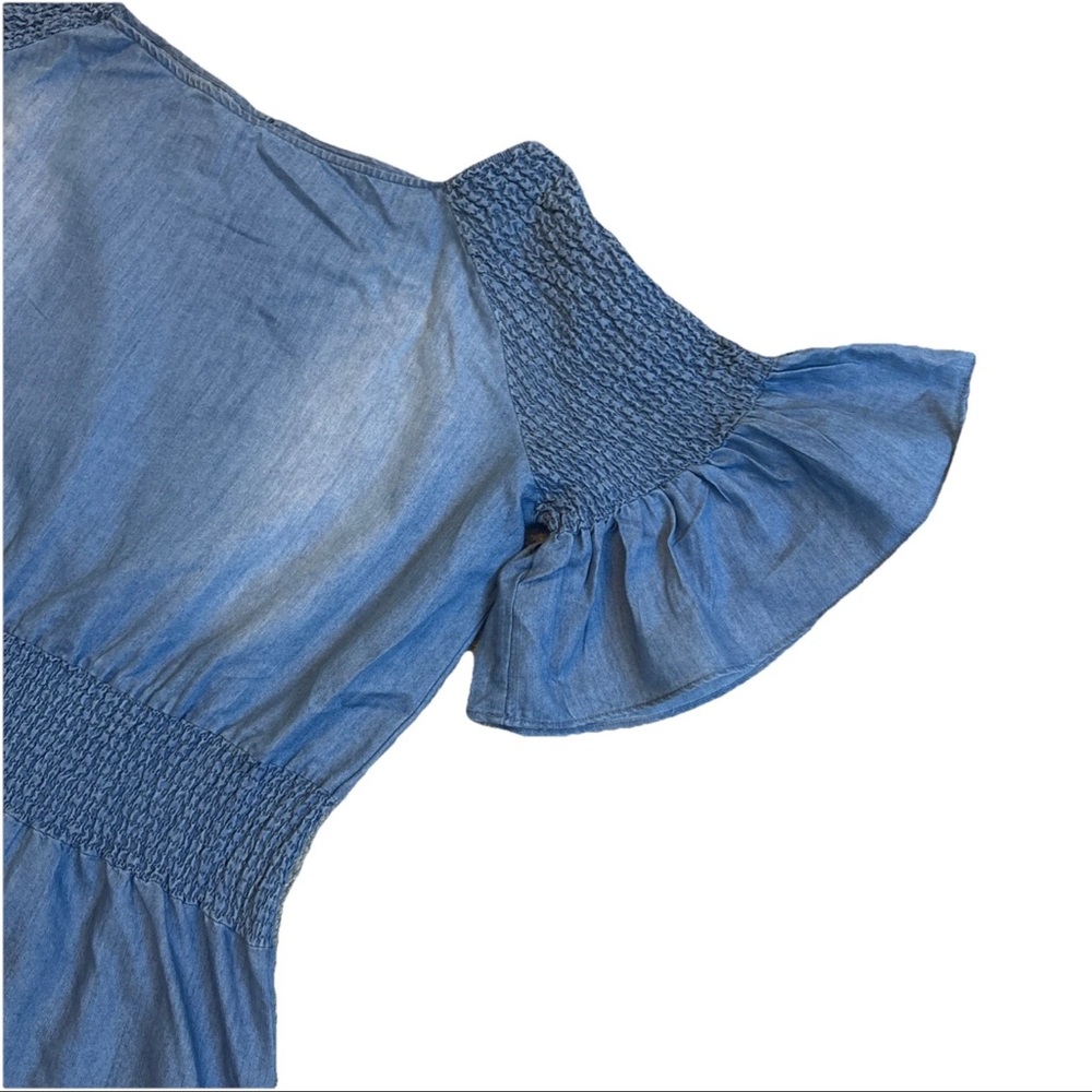 Ashley Stewart Smocked Peplum Stonewash Jean Blouse Flare Sleeve Fairy SZ 18/20 - Picture 5 of 16